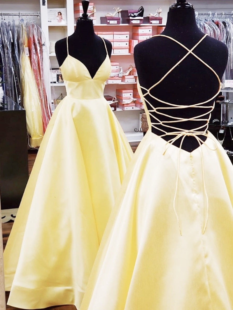 A Line Backless V Neck Long Prom with Cross Back, Formal Graduation Evening Dresses