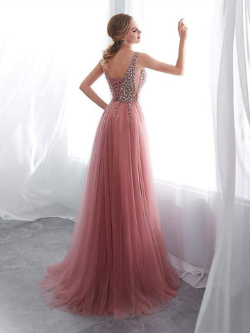 A Line V Neck Beaded Pink Long Tulle Prom with Corset Back High Slit, Formal, Graduation