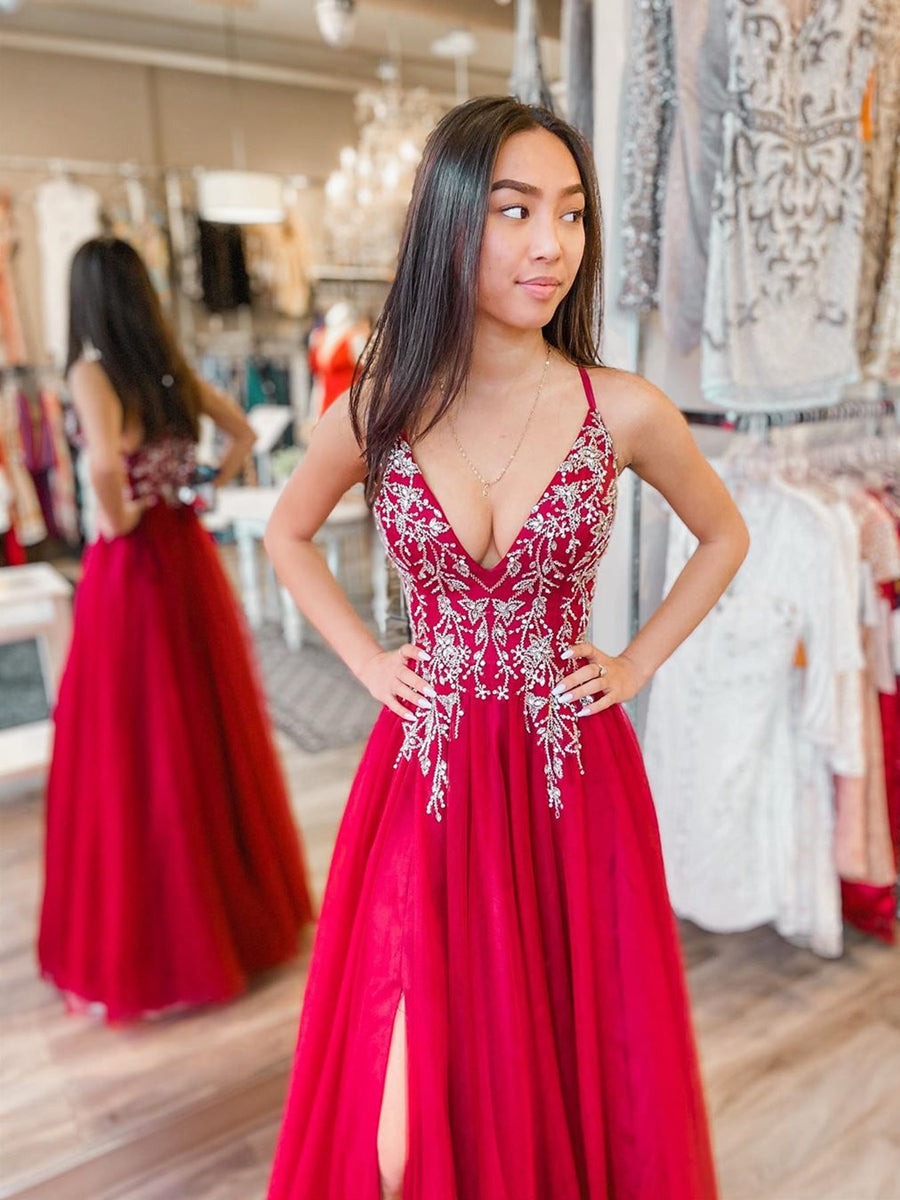 A Line V Neck Beaded Long Prom with Slit,Formal,Evening Dresses