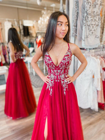 A Line V Neck Beaded Long Prom with Slit,Formal,Evening Dresses