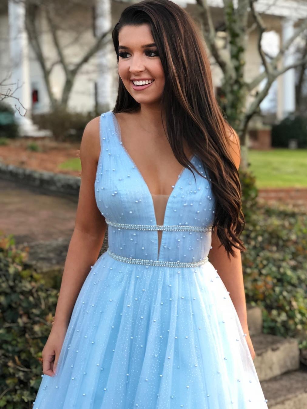 A Line V Neck Beading  Long Prom with Beaded Belt