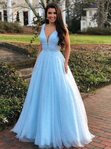 A Line V Neck Beading  Long Prom with Beaded Belt