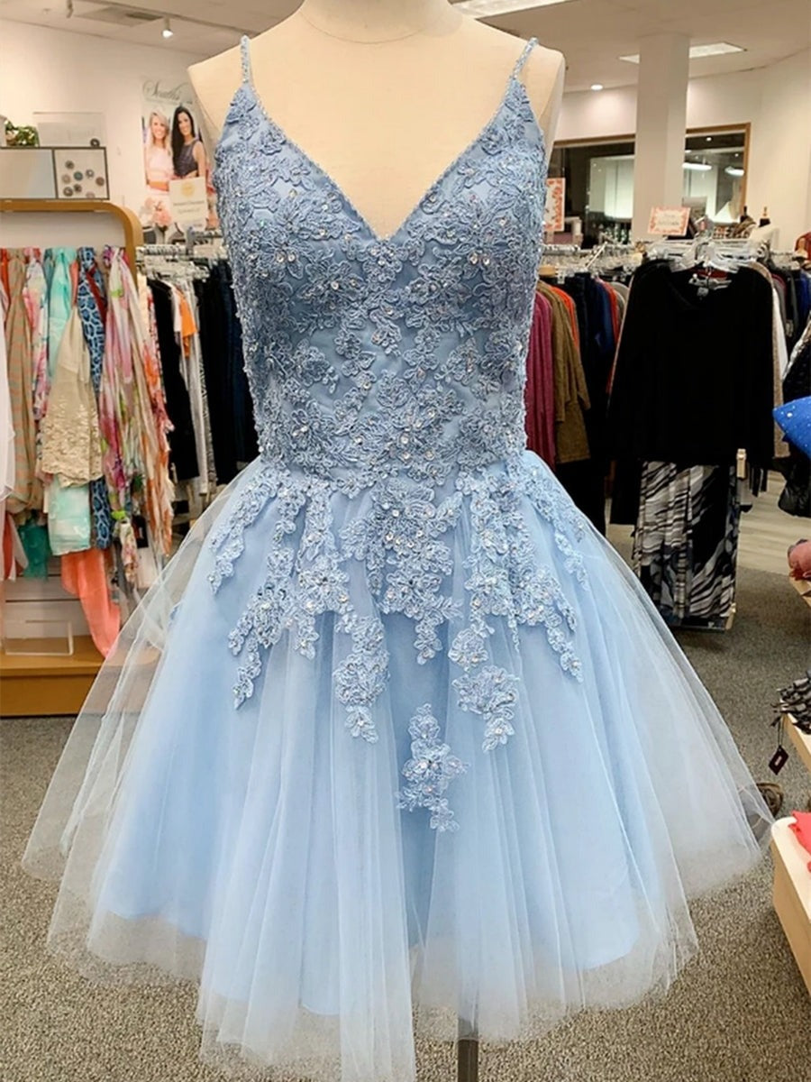 A Line V Neck  Lace Appliques Short Prom Homecoming,  Formal Graduation Evening