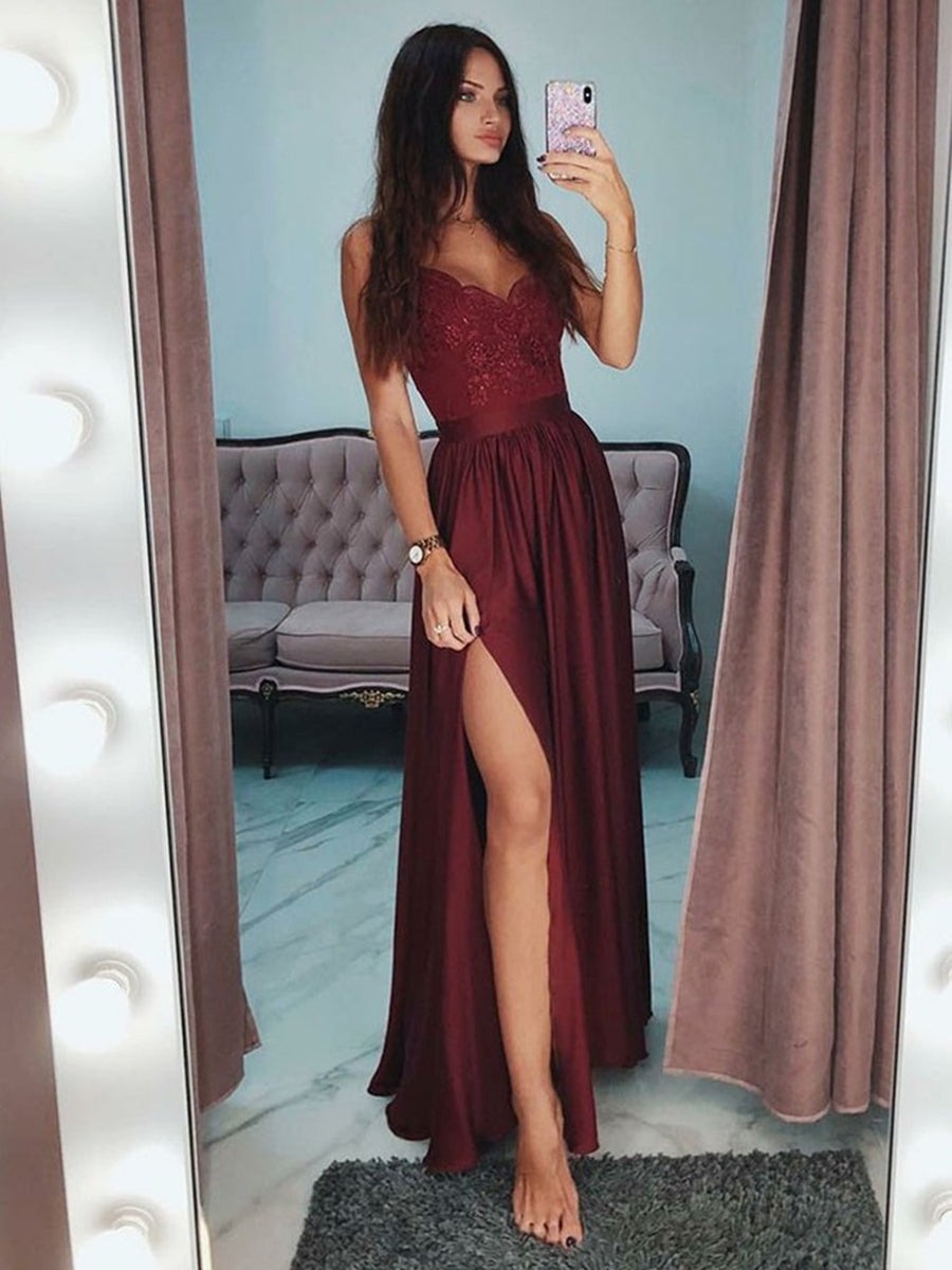 A Line Lace V Neck Burgundy Prom with Side Slit, Burgundy Lace Graduation, Formal Dresses