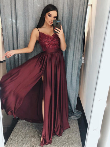 A Line Lace V Neck Burgundy Prom with Side Slit, Burgundy Lace Graduation, Formal Dresses