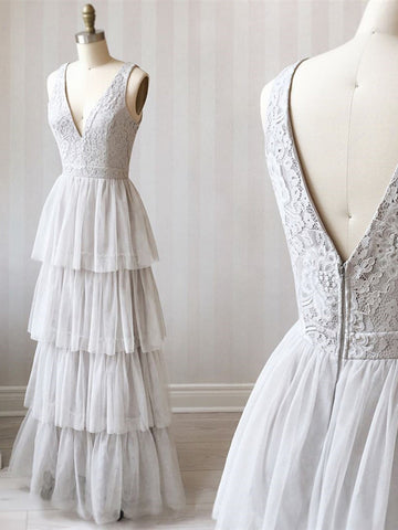 A Line V Neck  Lace Prom, Formal Graduation Bridesmaid