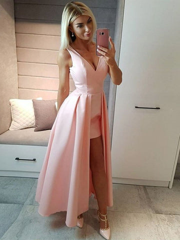 A Line High Low Ruched V Neck  Black/Pink Satin Prom, Formal Evening, High Low Graduation Dresses