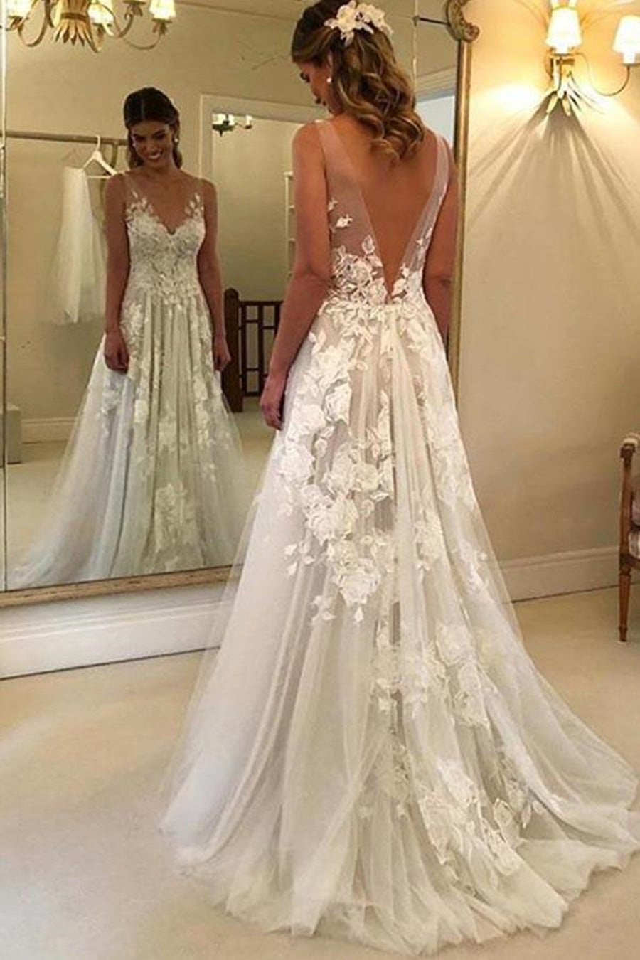 A Line V Neck Lace Appliques  Long Prom Wedding,  Formal,  Evening