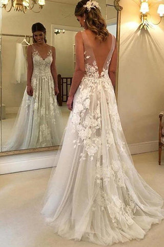 A Line V Neck Lace Appliques  Long Prom Wedding,  Formal,  Evening