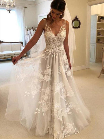 A Line V Neck Lace Appliques  Long Prom Wedding,  Formal,  Evening