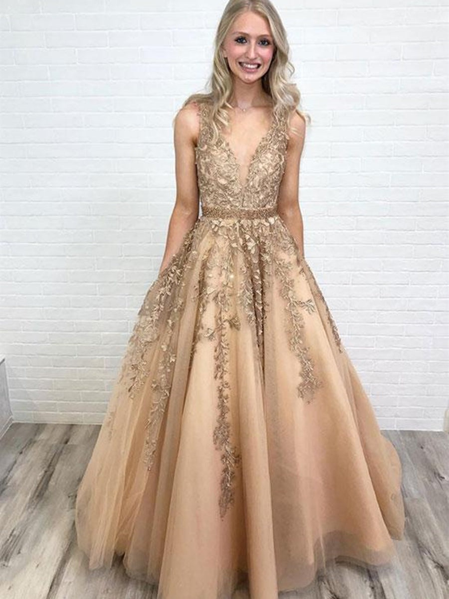 A Line Long V Neck Lace Tulle  Prom,  Formal Graduation, Evening Dresses