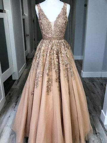 A Line Long V Neck Lace Tulle  Prom,  Formal Graduation, Evening Dresses