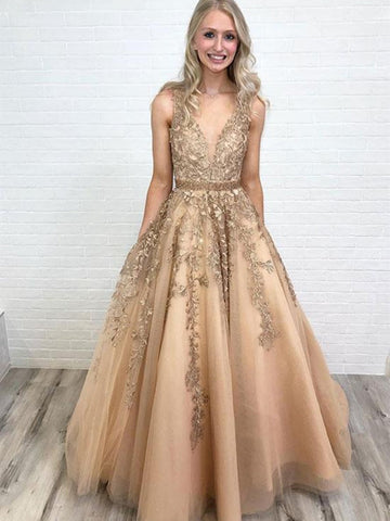 A Line Long V Neck Lace Tulle  Prom,  Formal Graduation, Evening Dresses