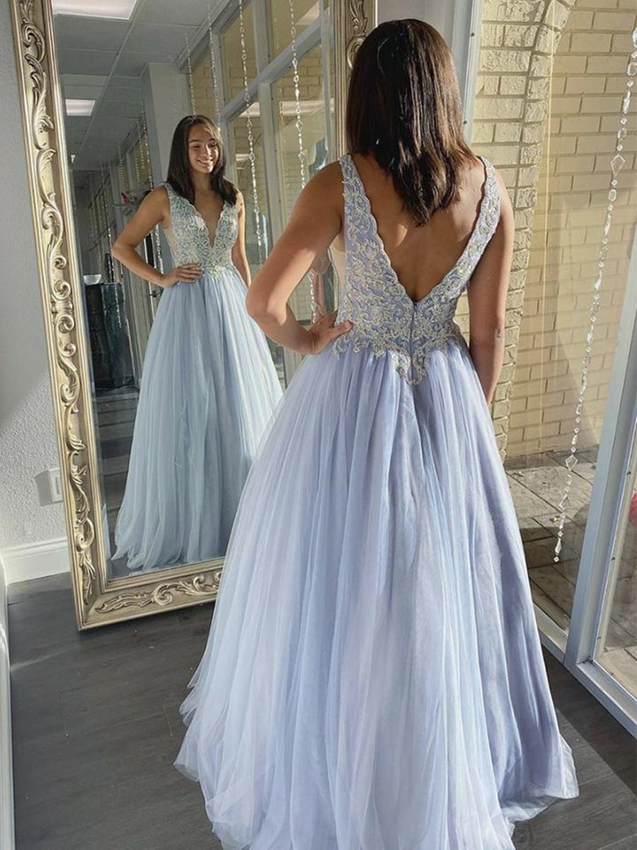 A Line V Neck  Lace Long Prom, Formal, Evening Dresses