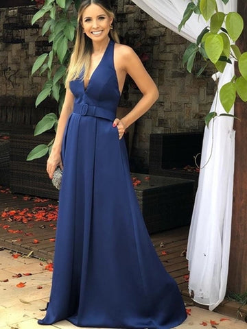 A Line V Neck Long Prom with Pocket and Belt, Evening Dresses