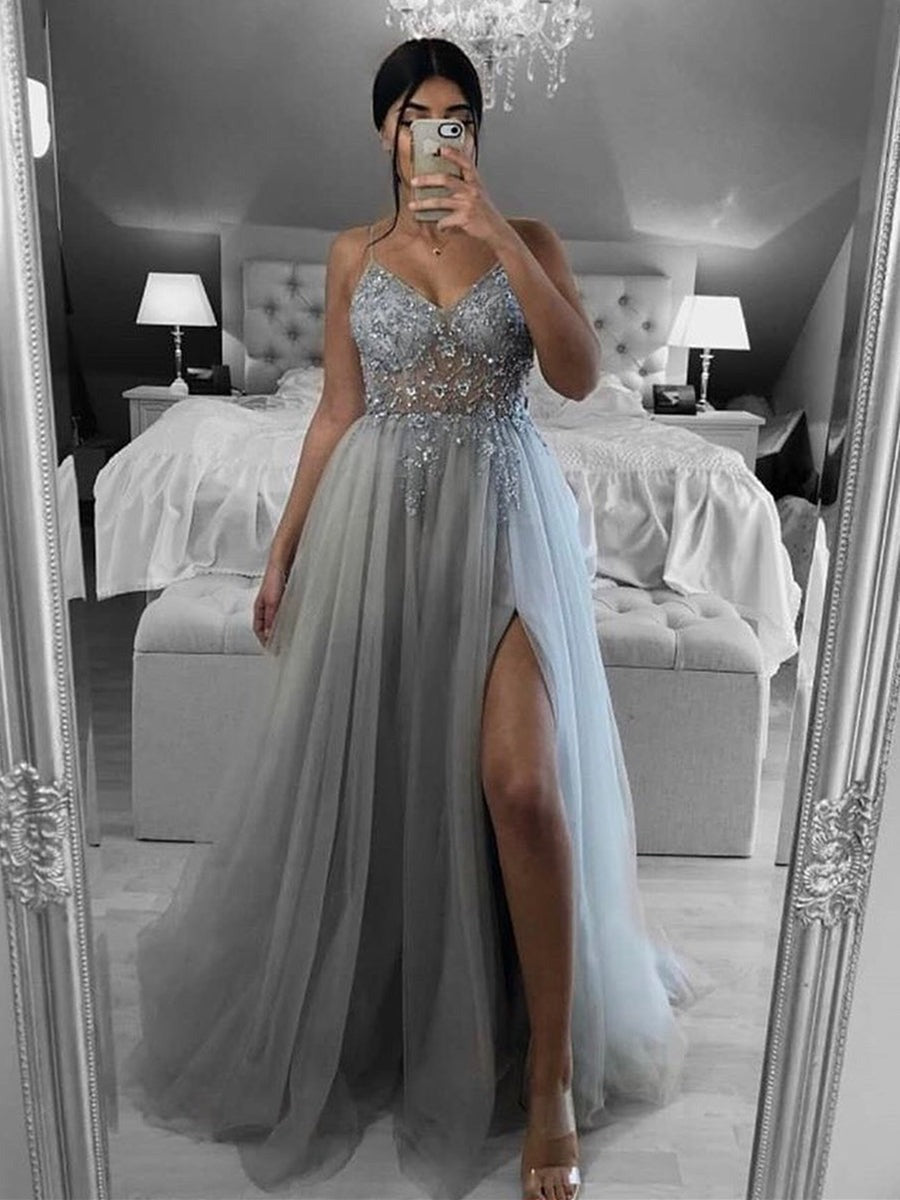 A Line V Neck Open Back Beaded Long Prom, Formal, Evening Dresses