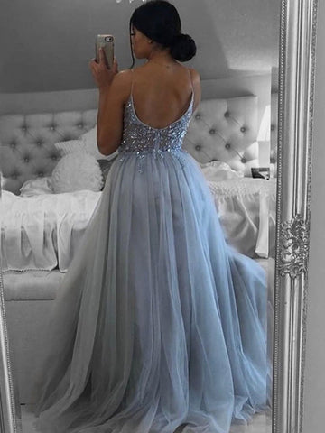 A Line V Neck Open Back Beaded Long Prom, Formal, Evening Dresses