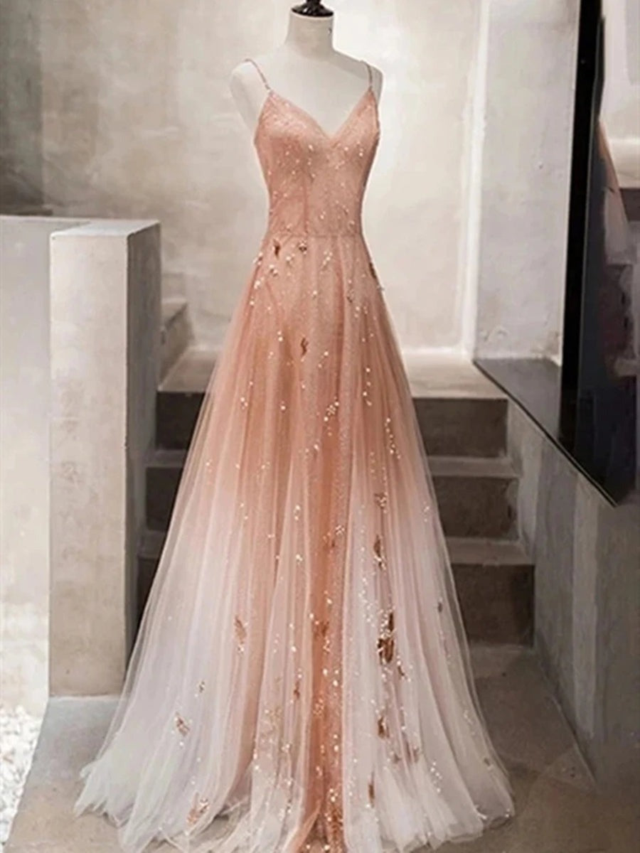 A Line Open Back V Neck Tulle Beaded Long Prom,  Formal Graduation Evening Dresses