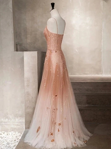 A Line Open Back V Neck Tulle Beaded Long Prom,  Formal Graduation Evening Dresses