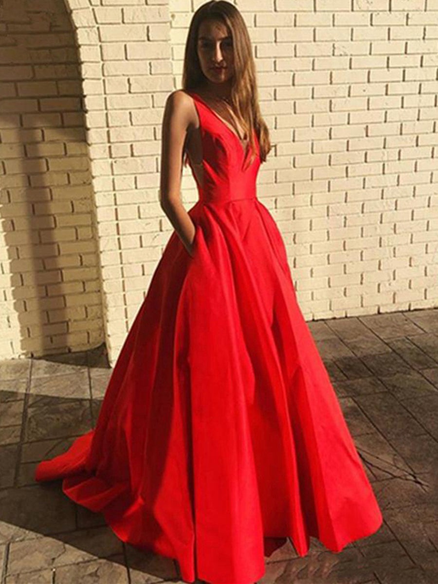 A Line Open Back V Neck Long Prom with Pocket,Formal Graduation Evening Dresses
