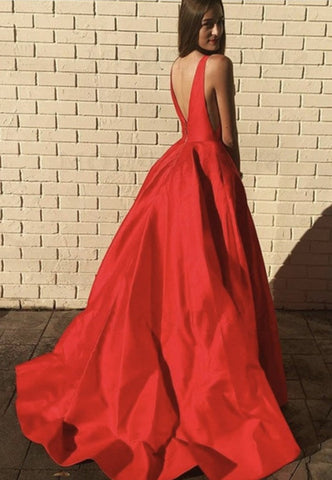 A Line Open Back V Neck Long Prom with Pocket,Formal Graduation Evening Dresses