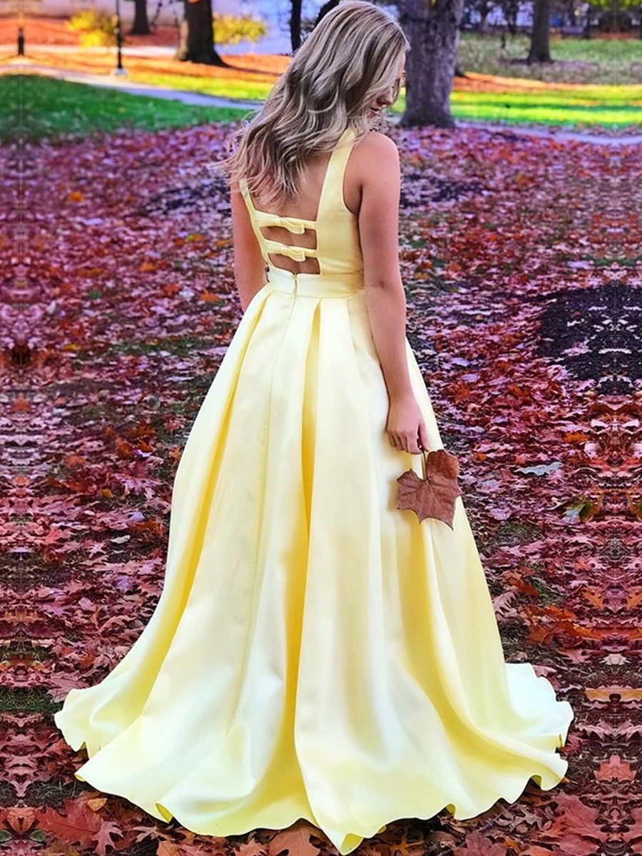A Line Open Back V Neck Satin Long Prom, Formal Graduation Evening, Simple Party