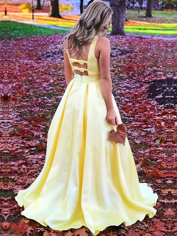 A Line Open Back V Neck Satin Long Prom, Formal Graduation Evening, Simple Party