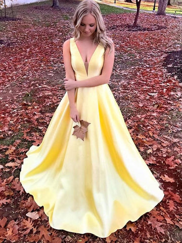 A Line Open Back V Neck Satin Long Prom, Formal Graduation Evening, Simple Party