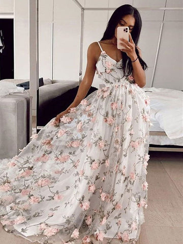 A Line V Neck  3D Flowers  Long Prom, Formal Graduation Evening Dresses