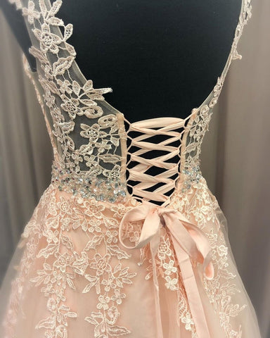 A Line V Neck  Lace Long Prom with Belt, Formal Graduation Evening Dress