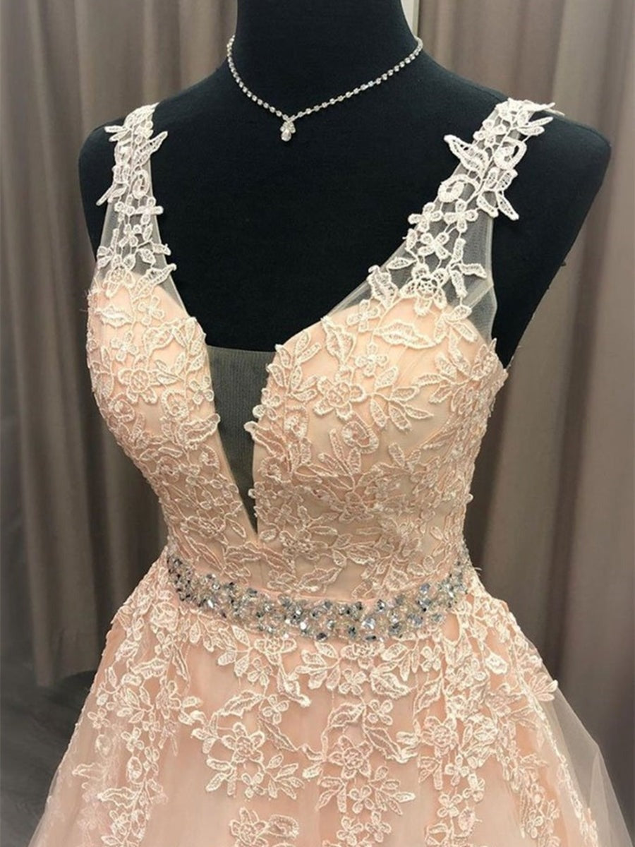 A Line V Neck  Lace Long Prom with Belt, Formal Graduation Evening Dress