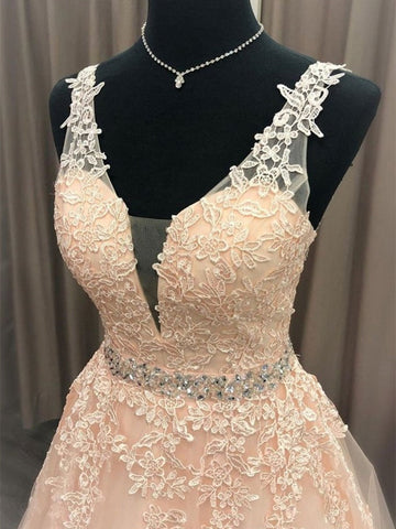 A Line V Neck  Lace Long Prom with Belt, Formal Graduation Evening Dress