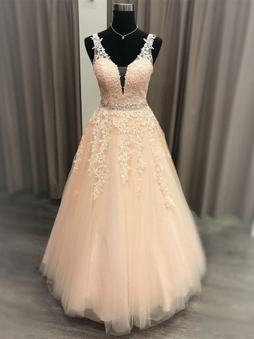 A Line V Neck  Lace Long Prom with Belt, Formal Graduation Evening Dress