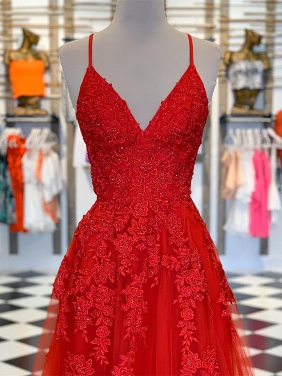 A Line V Neck Lace Long Prom, Formal, Evening Dresses