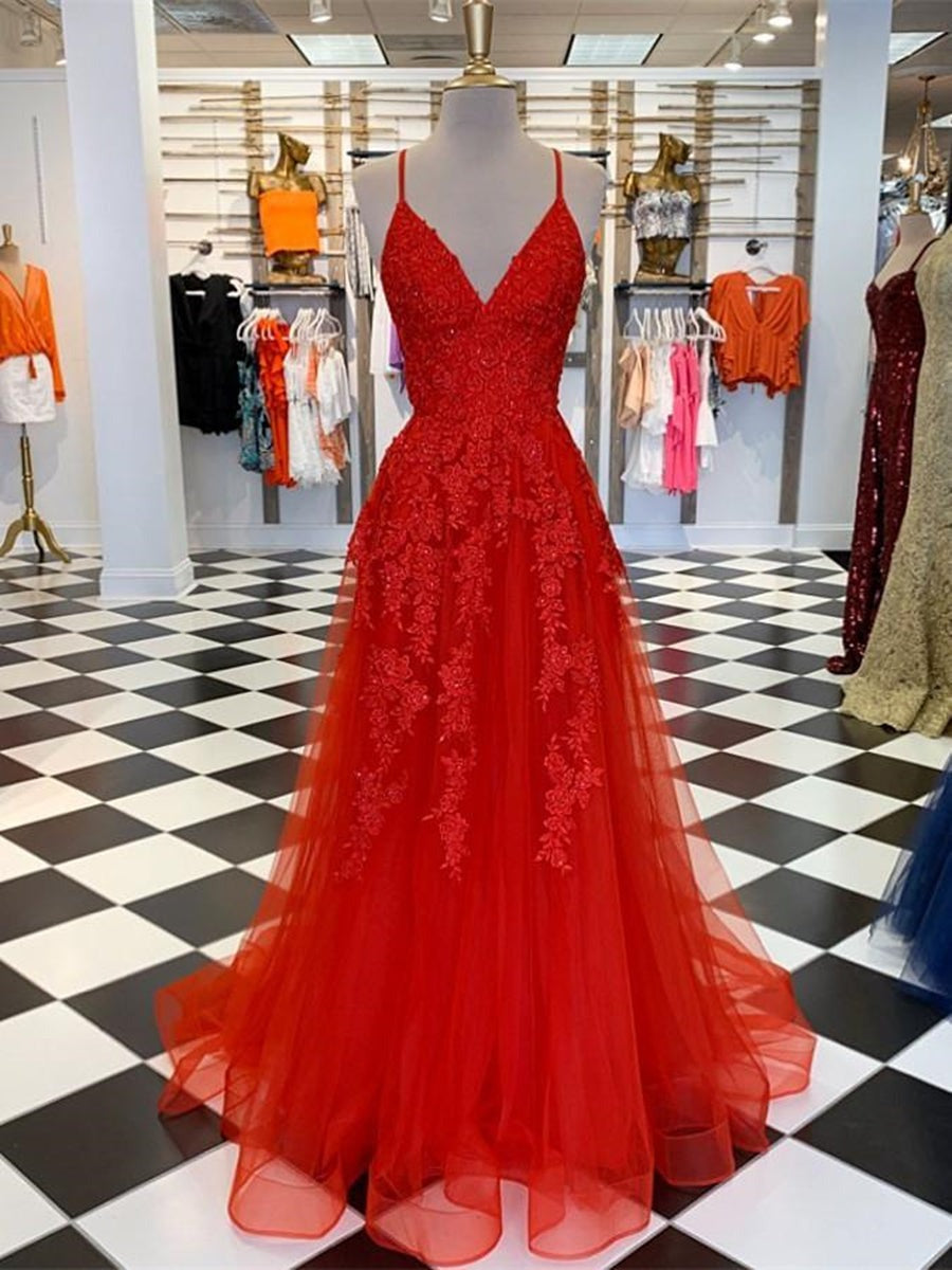 A Line V Neck Lace Long Prom, Formal, Evening Dresses