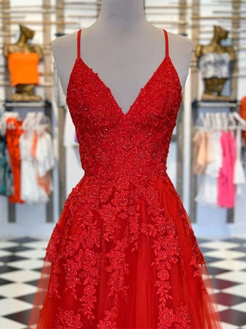 A Line V Neck Lace Long Prom, Formal, Evening Dresses