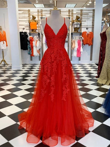 A Line V Neck Lace Long Prom, Formal, Evening Dresses