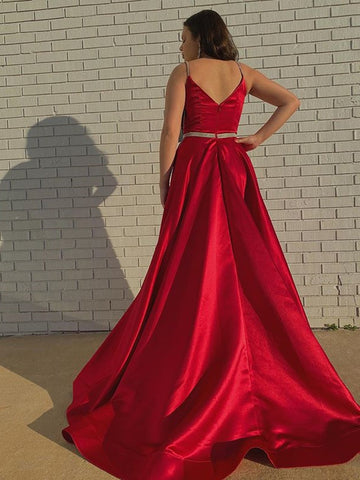 A Line V Neck Satin Long Prom with Belt, Formal, Evening Dresses