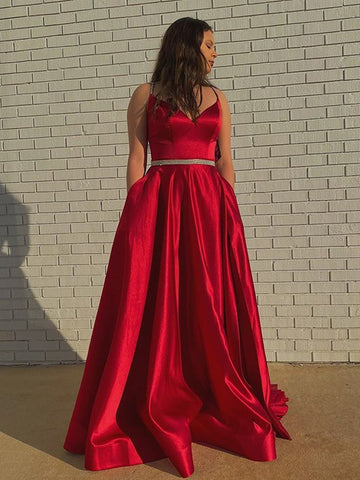 A Line V Neck Satin Long Prom with Belt, Formal, Evening Dresses