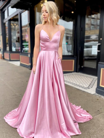 A Line V Neck Satin Backless Long  Prom with High Slit,  Formal with Pocket, Evening Dress