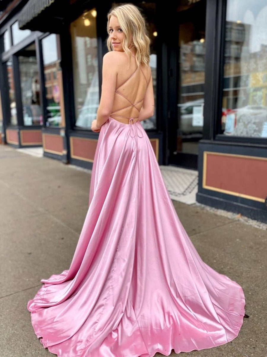 A Line V Neck Satin Backless Long  Prom with High Slit,  Formal with Pocket, Evening Dress