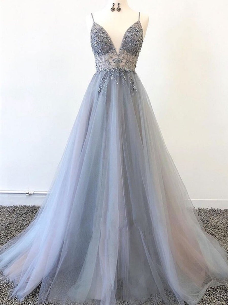 A Line V Neck Tulle Beaded Long Prom,  Formal Graduation Evening Dresses