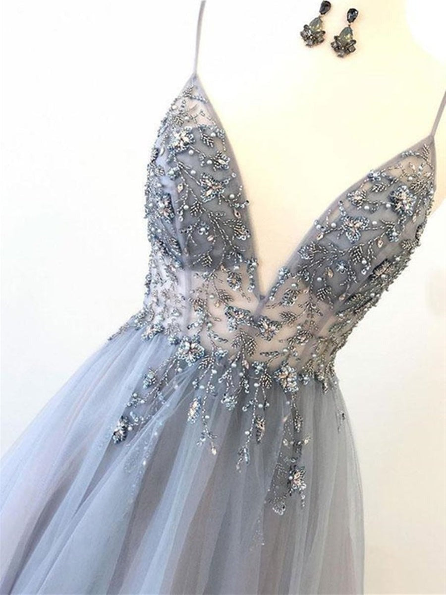 A Line V Neck Tulle Beaded Long Prom,  Formal Graduation Evening Dresses