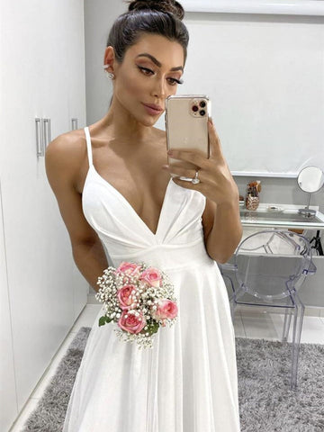 A Line V Neck Spaghetti Straps Backless Prom,Formal Graduation Evening Dresses