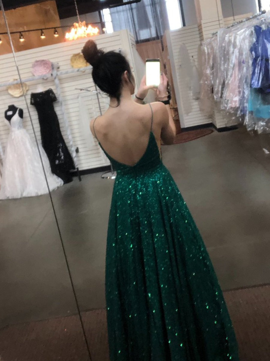 A Line V Neck Spaghetti Straps Backless Dark Green Prom Dress