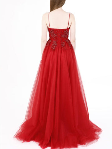 A Line V Neck Spaghetti Straps Backless Lace Long Prom Dress with Beadings