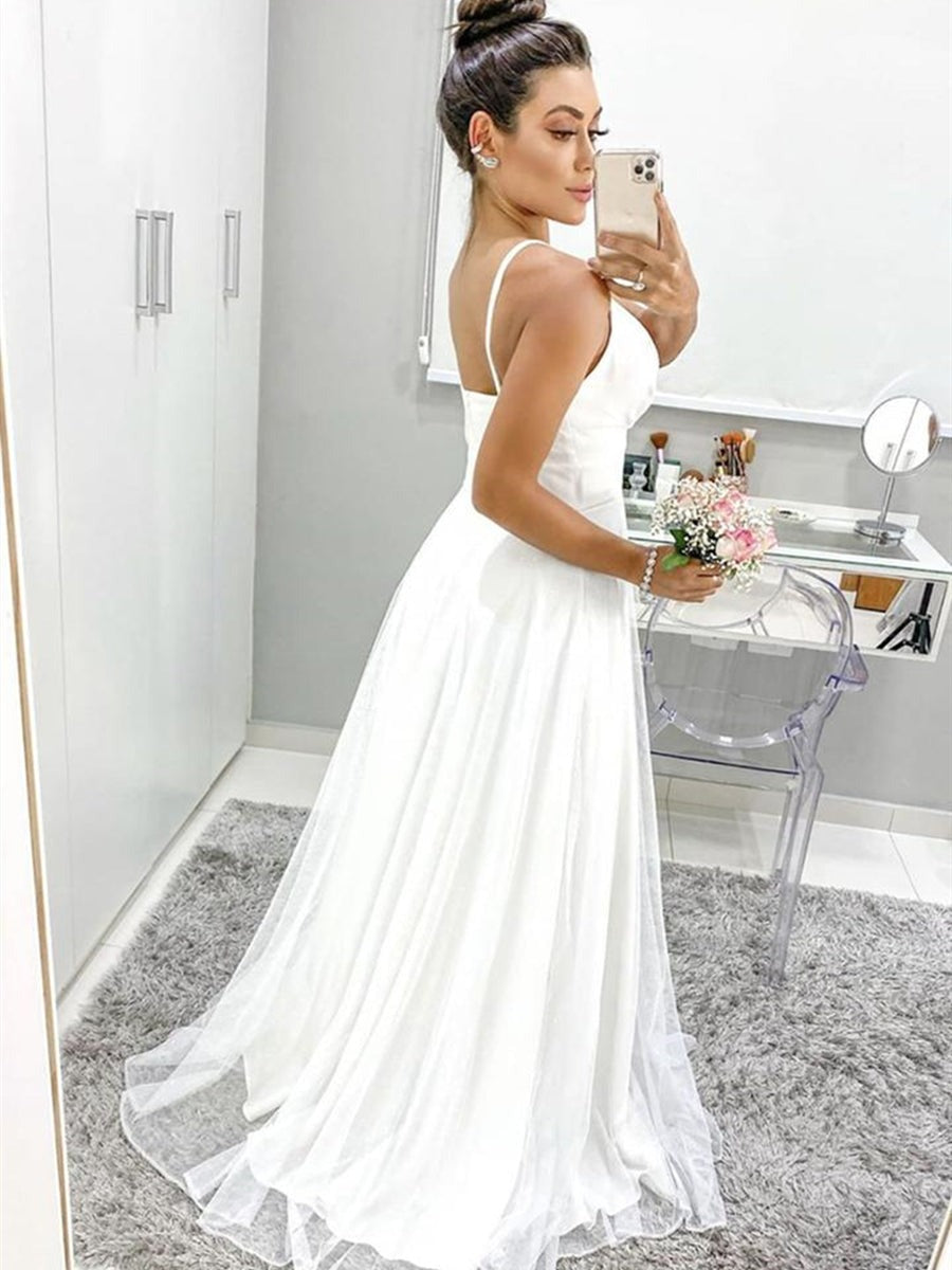 A Line V Neck Spaghetti Straps Backless Prom,Formal Graduation Evening Dresses