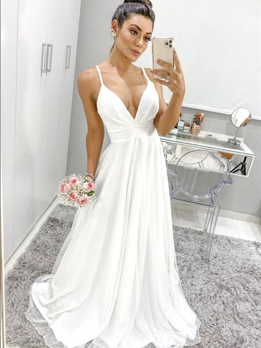 A Line V Neck Spaghetti Straps Backless Prom,Formal Graduation Evening Dresses