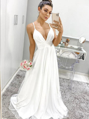 A Line V Neck Spaghetti Straps Backless Prom,Formal Graduation Evening Dresses