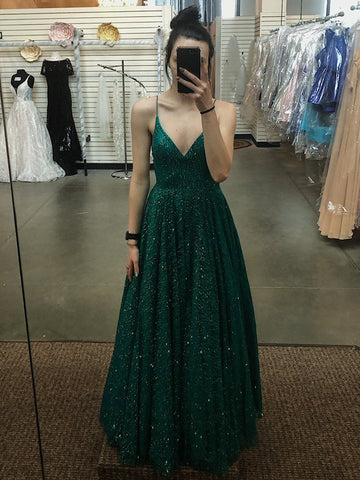 A Line V Neck Spaghetti Straps Backless Dark Green Prom Dress